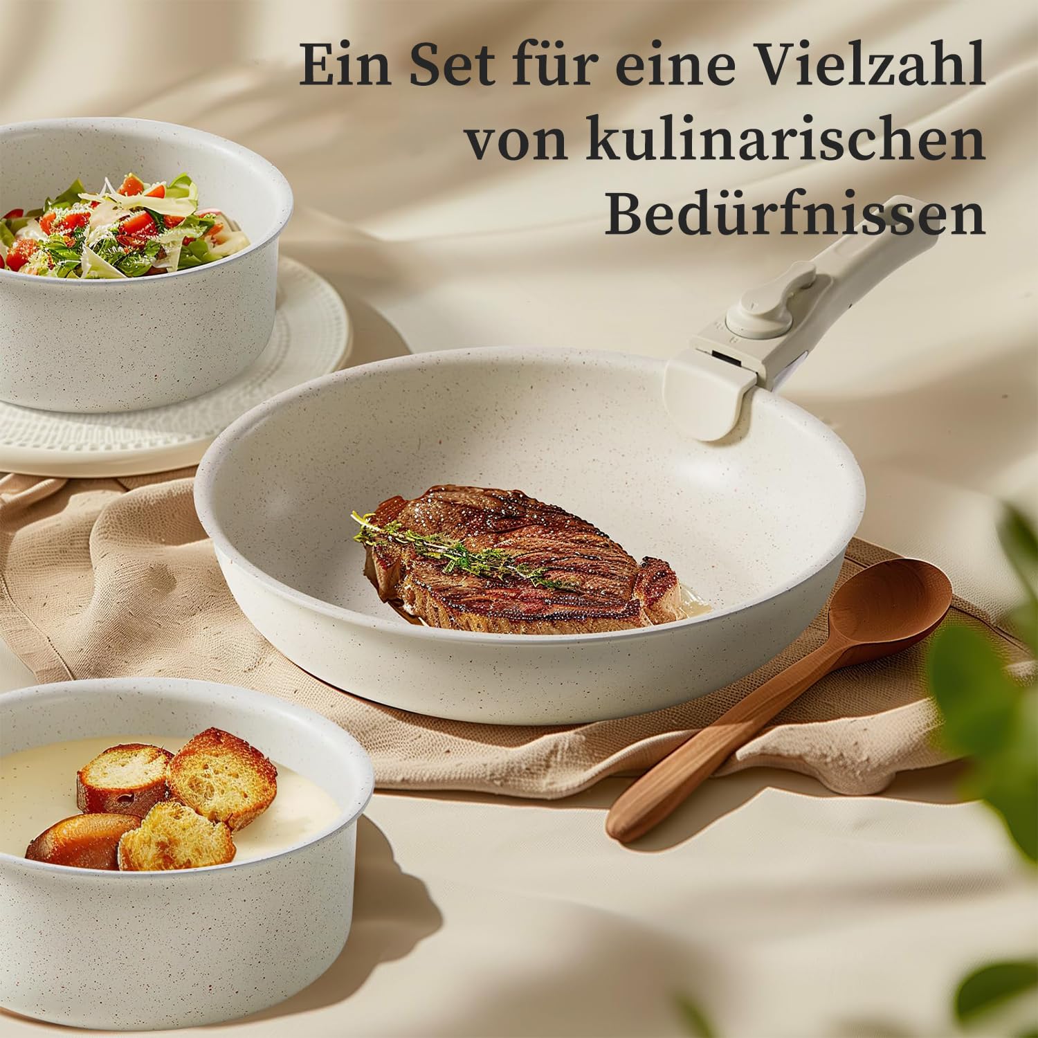 JHK 12-teiliges Topf- und Pfannenset – Antihaft-Kochgeschirr-Sets mit abnehmbarem Griff – Küchengeschirr für Ihre Bedürfnisse zu Hause, Beige