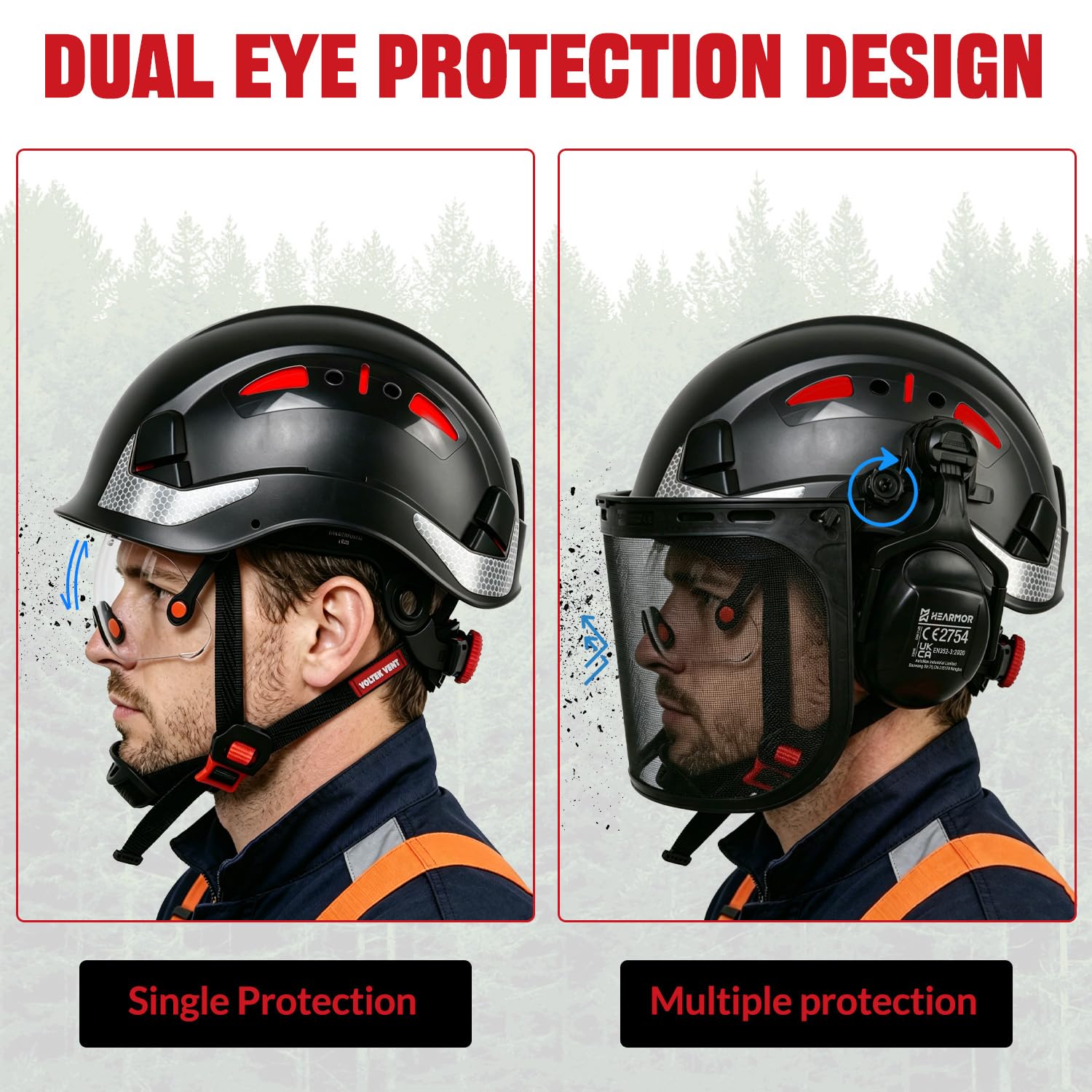 HEARMOR VOLTEK - Casco di sicurezza forestale in ABS con visiera di sicurezza integrata, protezione completa per testa, occhi, viso e udito, design ventilato antiurto