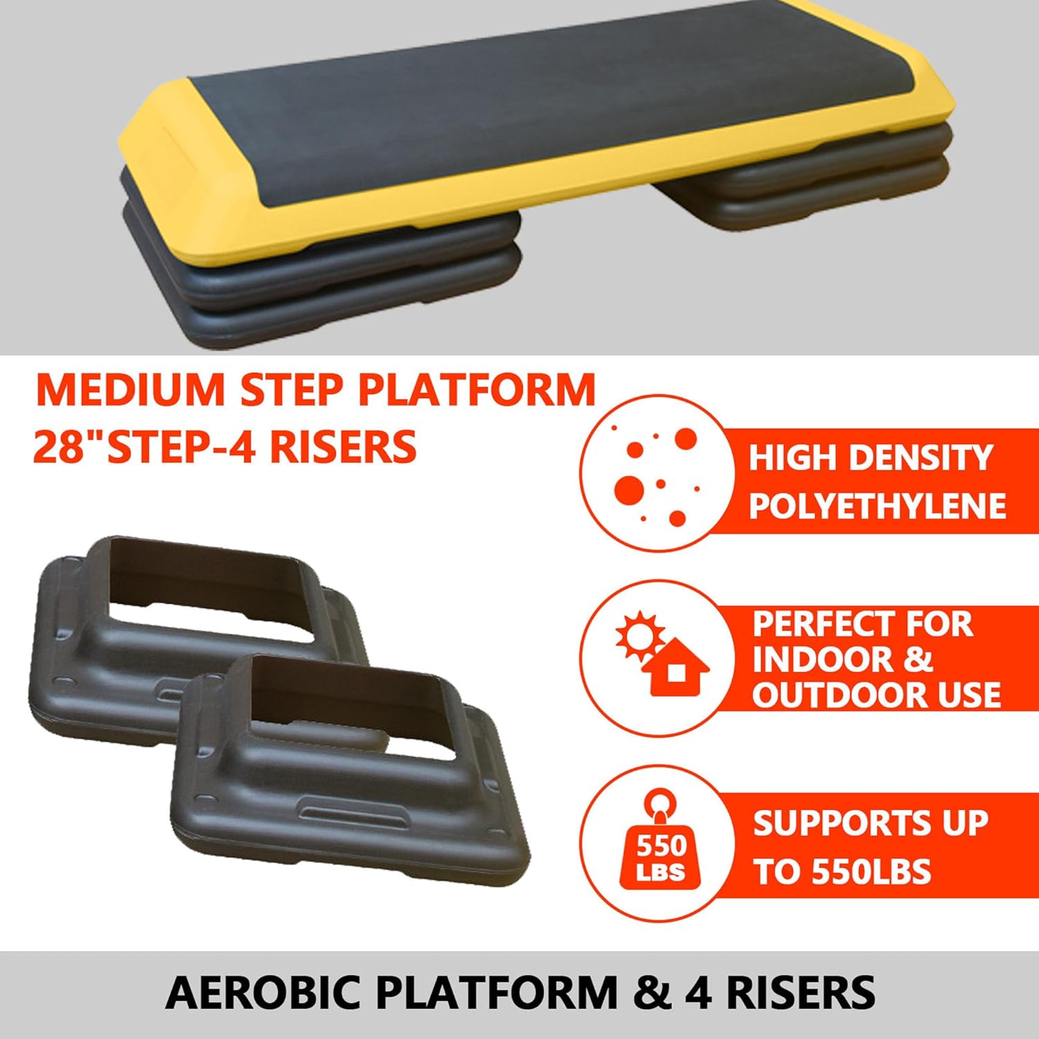 43" Aerobic Exercise Step Platform, Adjustable Aerobic Steppers with 4 Stackable Risers, Workout Stepper & Fitness Stepper for Home Gym Cardio Strength Training, Easy Storage, 550 LBS Capacity