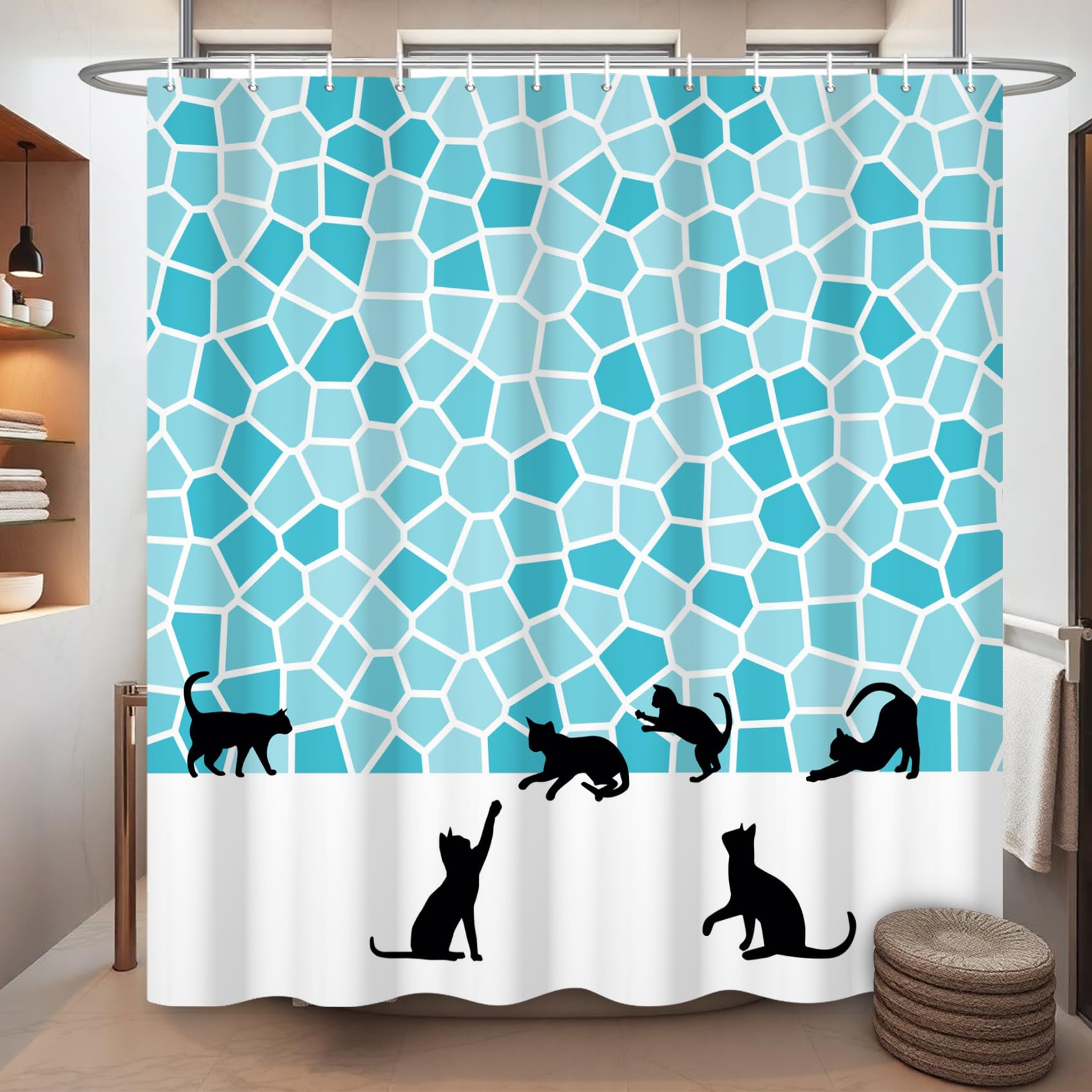 Ttincceer 180x180cm Black Cat Shower Curtain Cute Animal Kitten Silhouette Shower Curtain Set Blue Mosaic Funny Pet Bath Curtain Waterproof Bathtub Curtain - Image 2