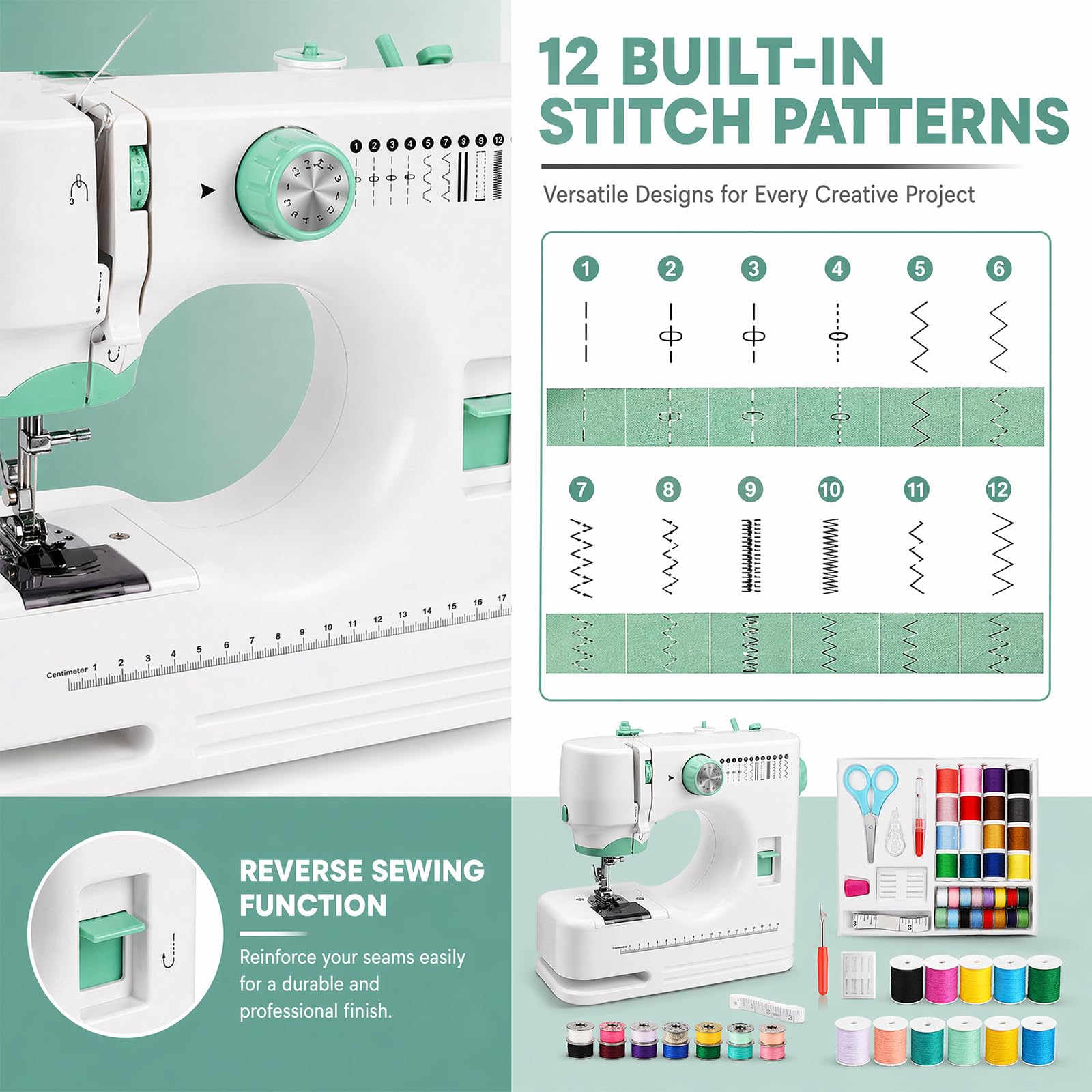 Maquina de Coser Portátil, Mini Maquina de Coser para Principiantes con 12 Puntadas de Costura y Accesorios de Costura, Ideal para Principiantes y DIY