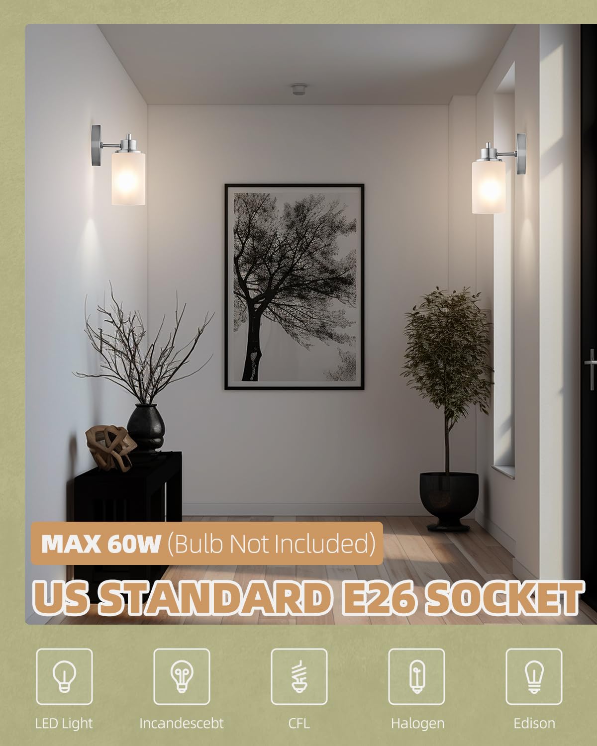 Paquete de 2 apliques de pared de níquel cepillado para interiores, lámparas de tocador de baño con pantalla de vidrio esmerilado blanco, iluminación moderna y elegante para montaje en pared para 4