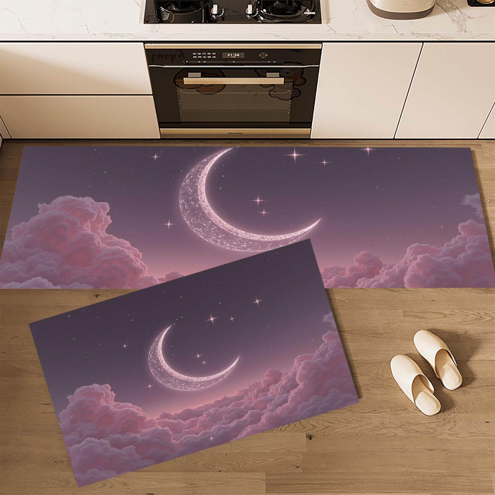 Alfombras de cocina rosa intenso de luna creciente y nubes para suelo lavable