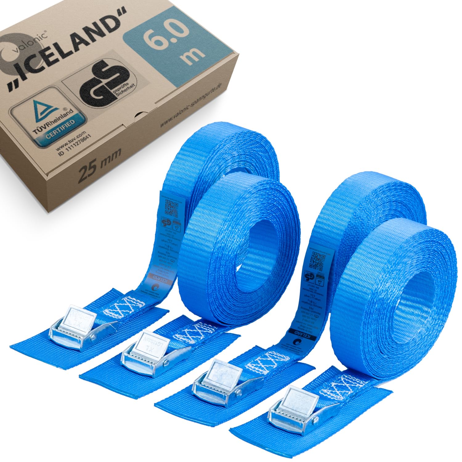 valonic Dolphin - 2x 2m Spanbanden, 25mm, 500 Kg, gewatteerd, TÜV Rheinl. / GS gecertificeerd, EN-12195-2 - spanband met klemslot voor dakkoffer van auto, SUP board, kajak, zwart