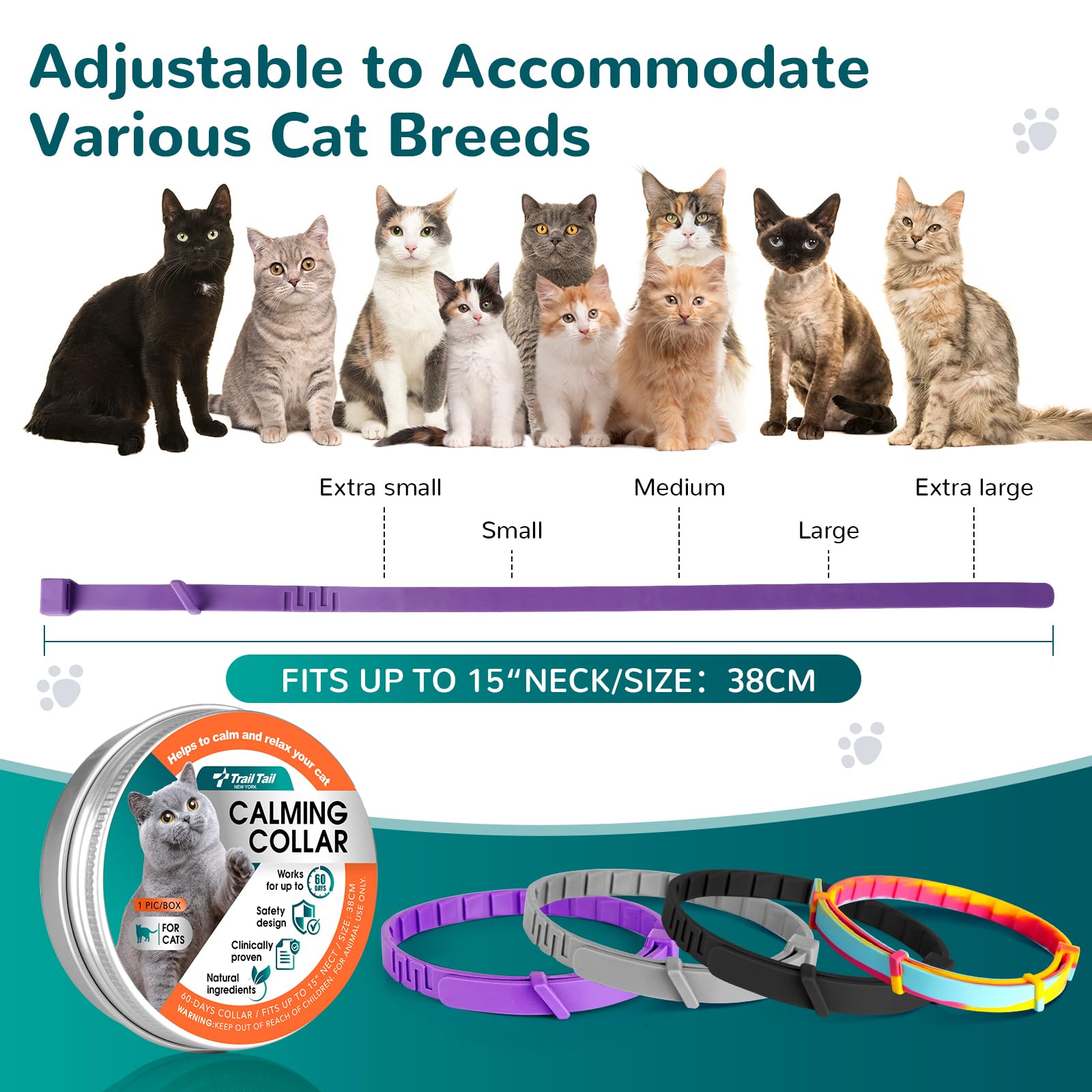 Calming Collar for Cats, Pheromone Collar for Cat Anxiety Relief, 60 Days Adjustable Waterproof TPE, Cat Calming Collars Helps Calm During Loud Noises and Separation (Rainbow, 2 Pack) - image 8