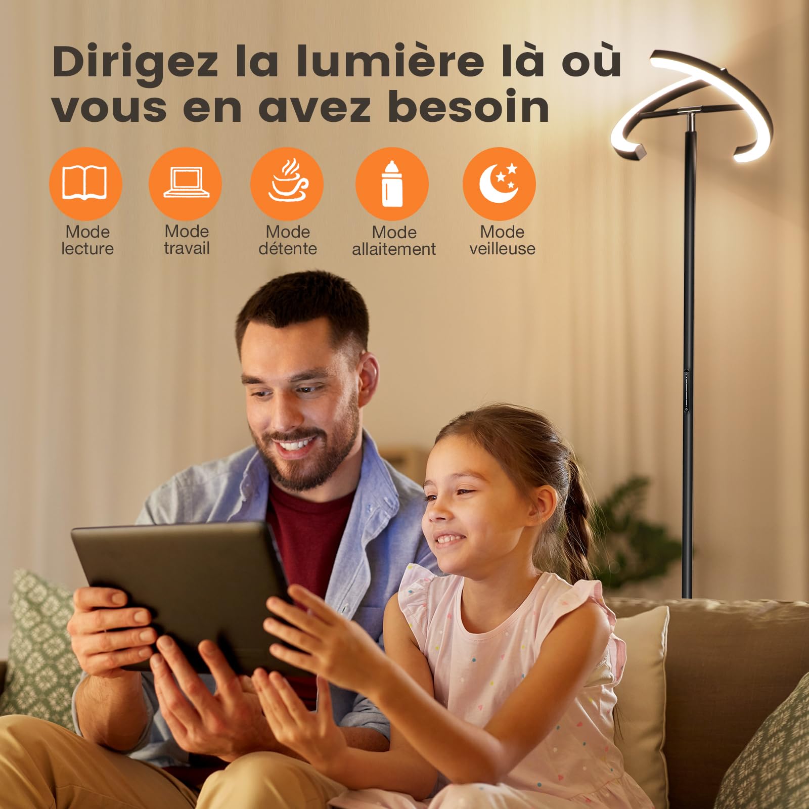 SIBRILLE Lampadaire LED Dimmable Noir Lampadaires Lampadaire 20W Moderne Uplighter avec Télécommande 1300LM 3000K-6000K Blanc Chaud Blanc Froid Lampe de Lecture pour salon, Chambre, Bureau, Hôtel