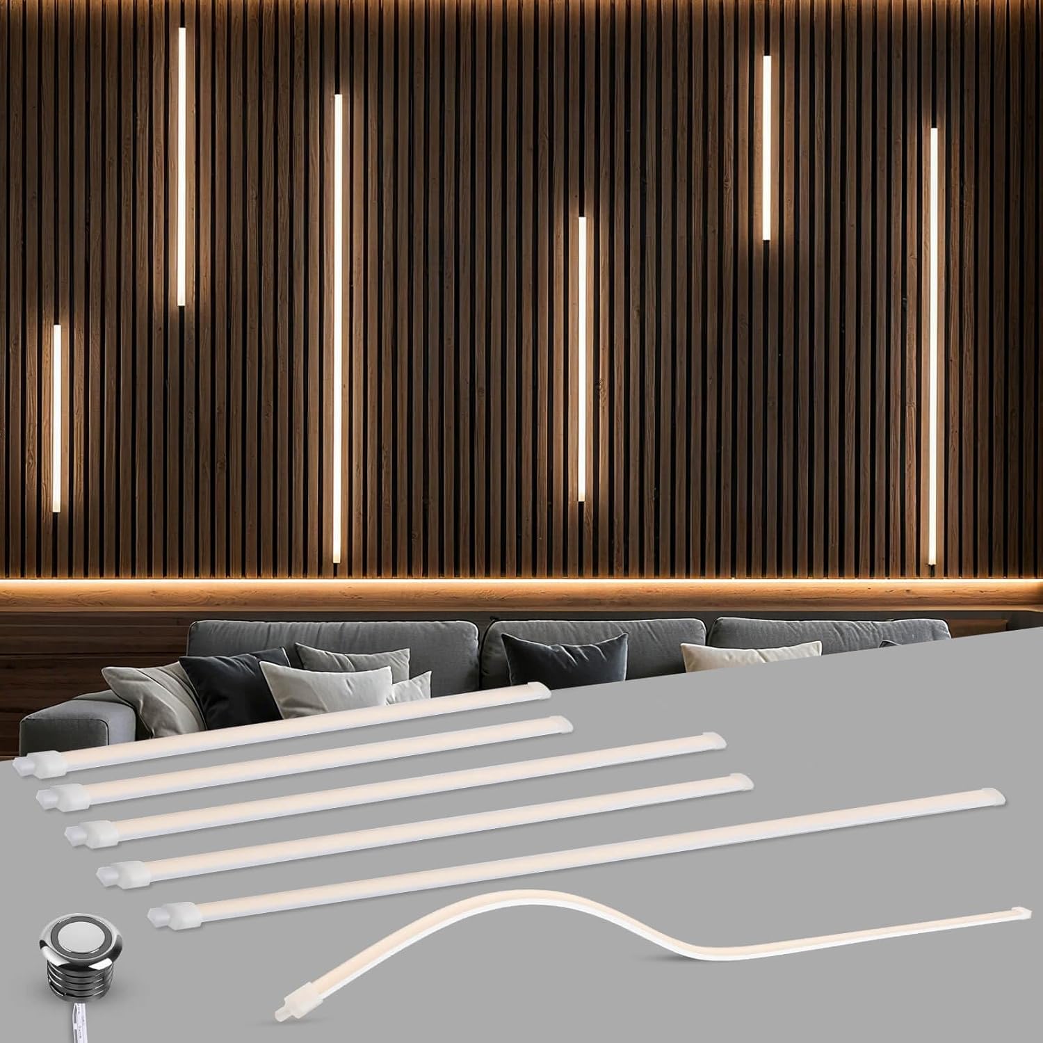 LED Recessed Lighting Kit 6pcs Self-Adhesive Warm White 3000K LED Strip Lights with Touch Sensor Switch for Wood Slat Wall Panels, Headboards, Stairs, Under Cabinet, Home Decor