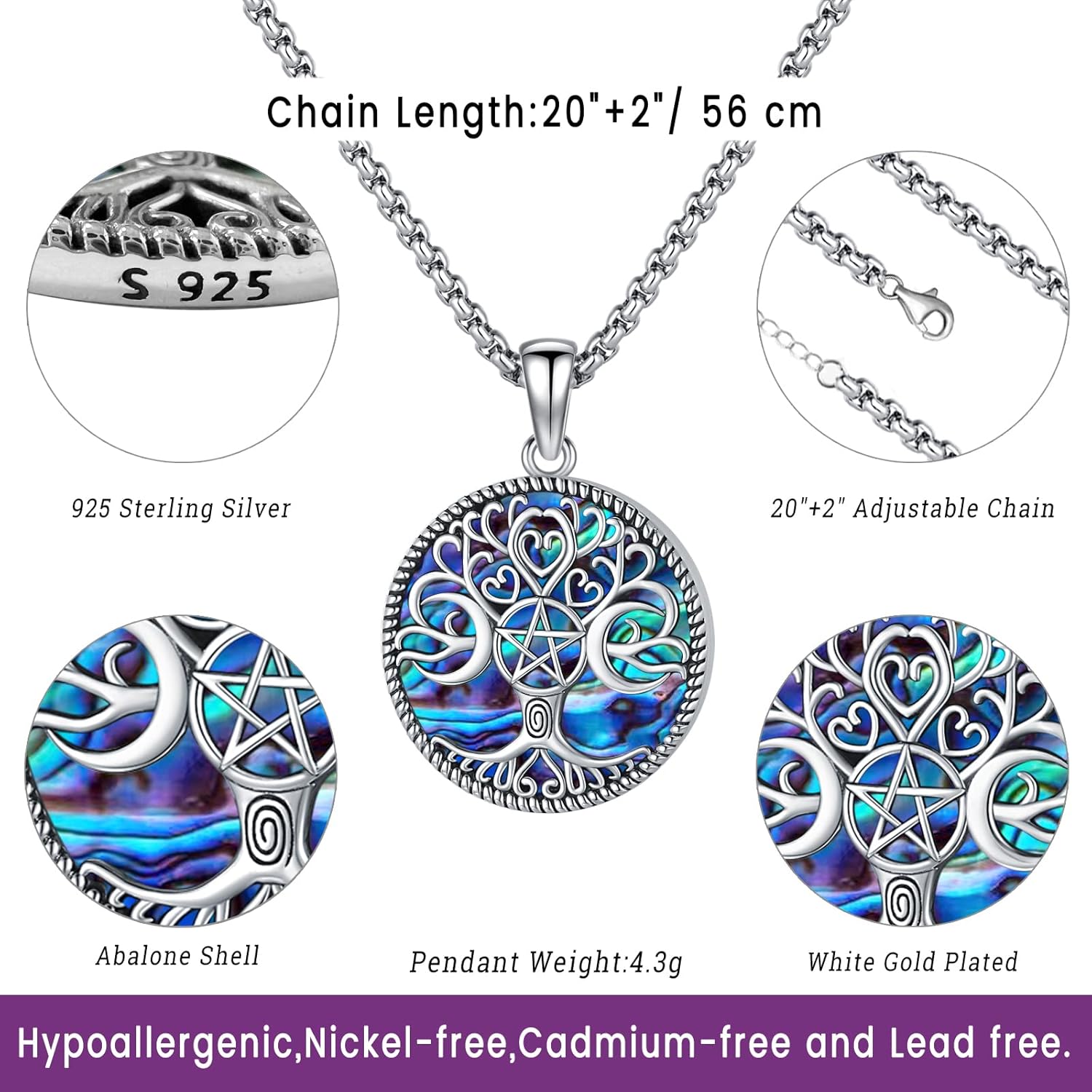Eusense Triple Moon Goddess Necklac for Women Men Tree of Life Pendant Tetragrammaton Necklace Sterling Silver 925 Pentagram Moon Pentacle Goddess Pagan Wiccan Tree Life Jewelry - Image 3