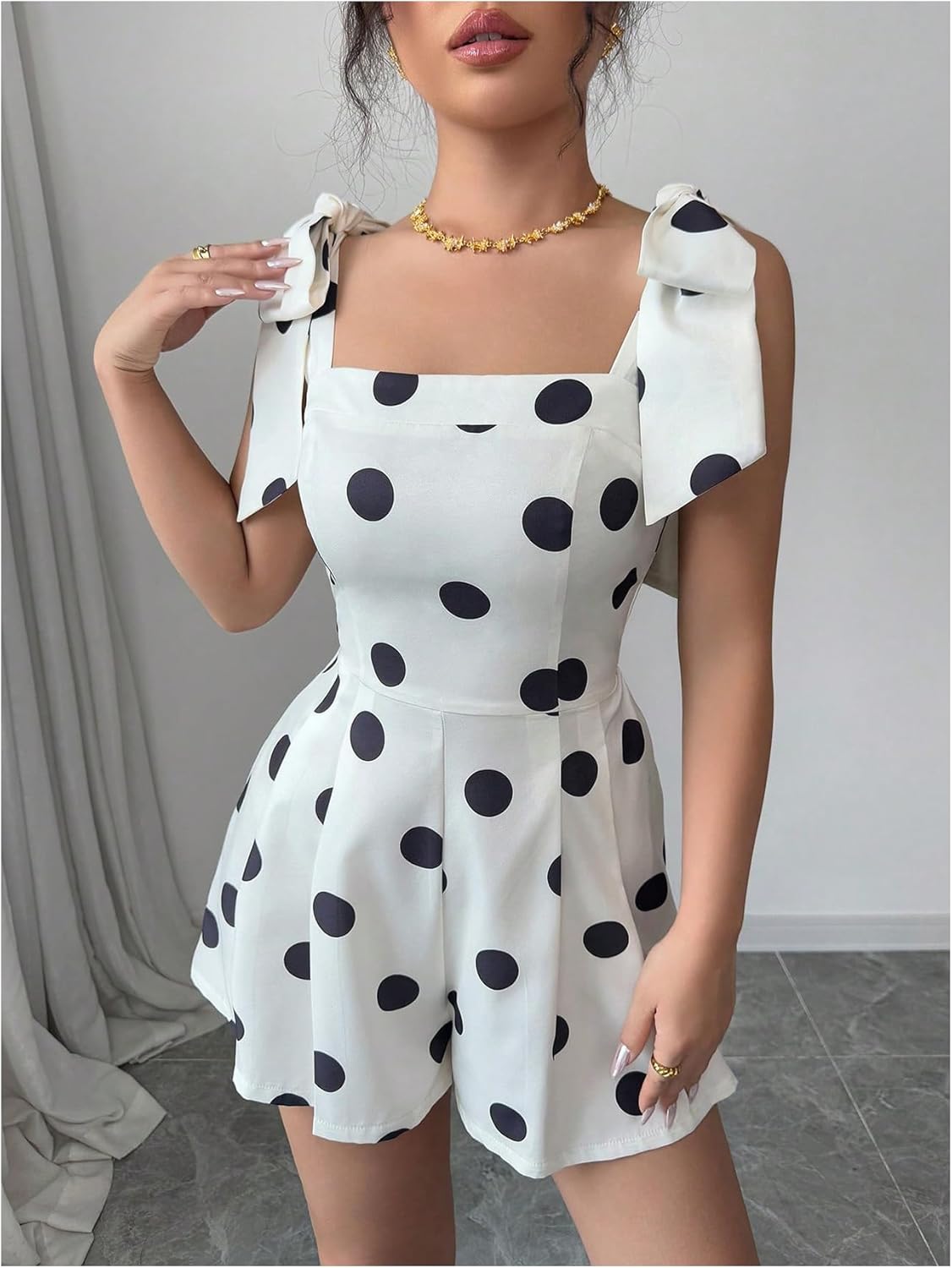 WDIRARA Women's Polka Dots Tie Shoulder Romper Square Neck Wide Leg Shorts Jumpsuit - Image 4