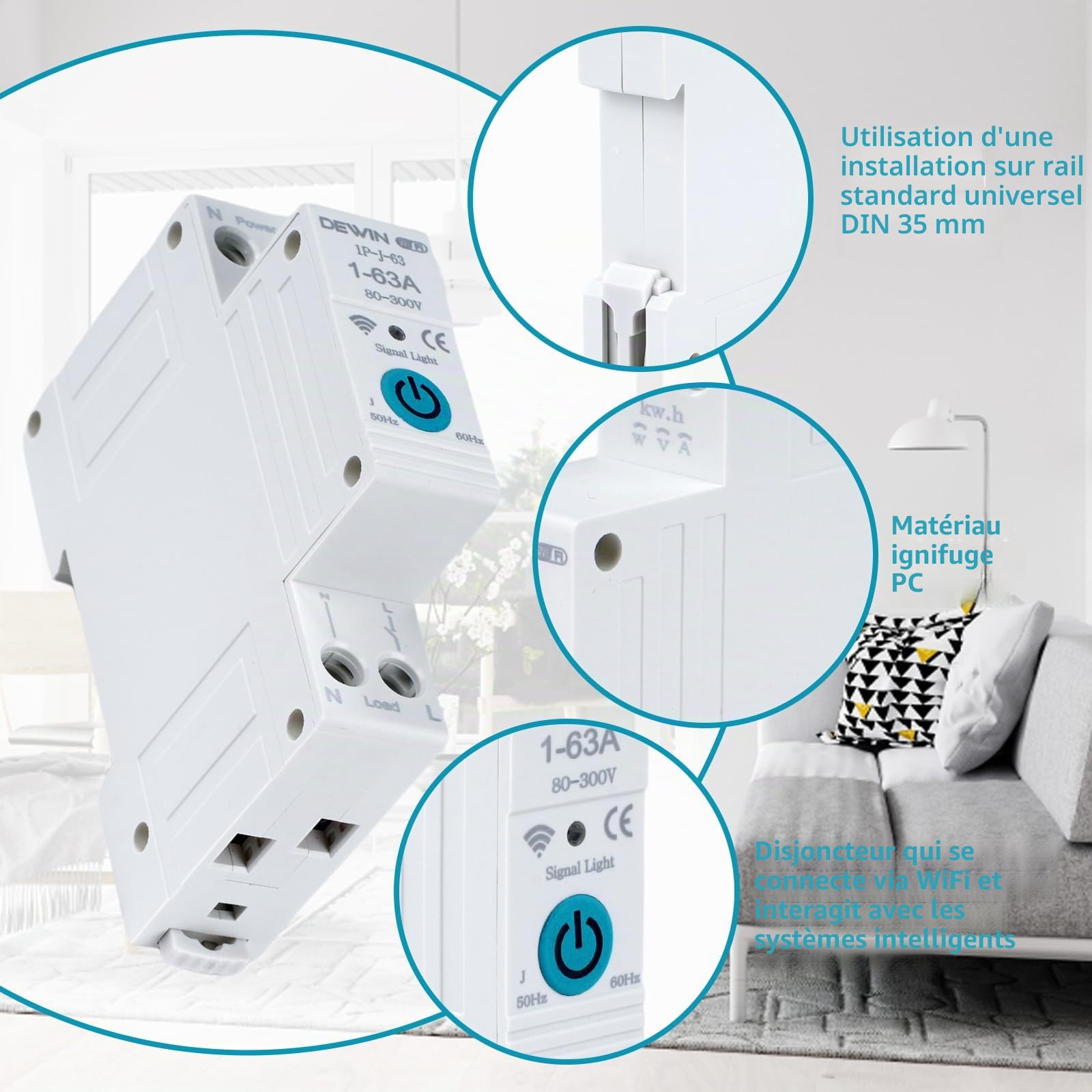 Disjoncteur connecté Tuya smart APP disjoncteur wifi Disjoncteur Intelligent compteur electrique connecté 63A contacteur wifi Charge Overcurrent Protection interrupteur à air 1P-J-63