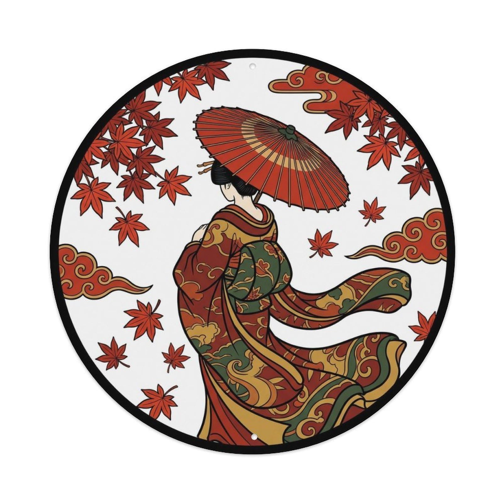 Japanese Geisha Autumn Leaves Umbrella Falling Scenic Metal Tin Sign