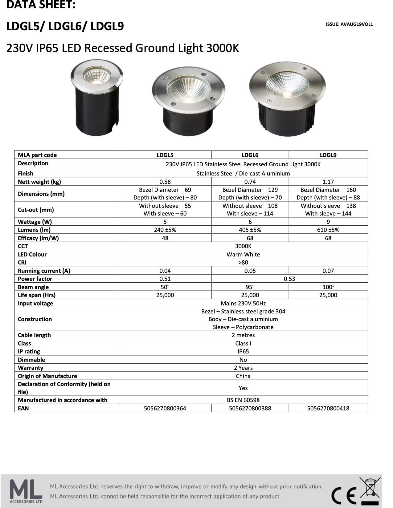 Knightsbridge Foco LED Empotrable Suelo Acero Inoxidable 3000K 230V IP65 5W