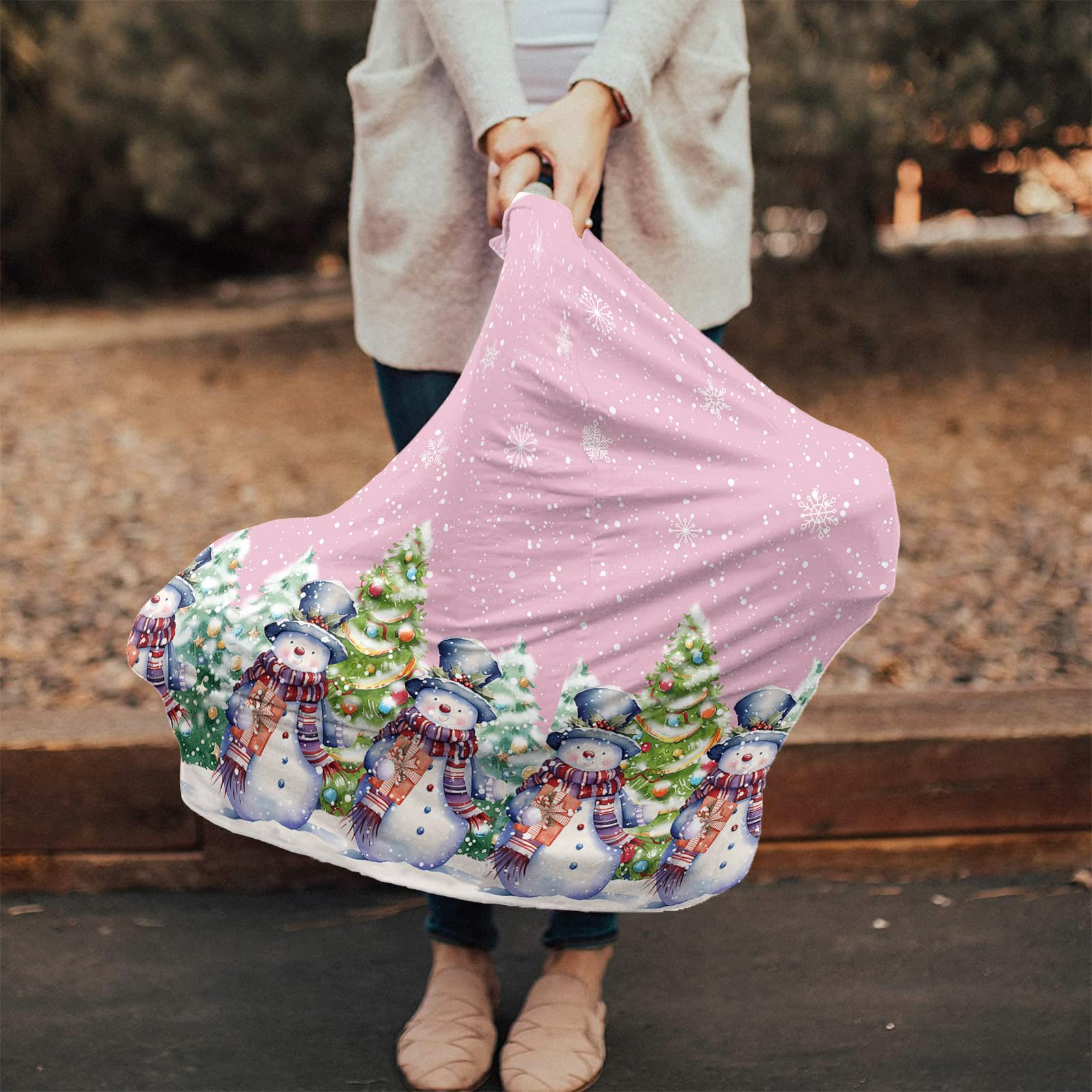 Nursing Cover for Breastfeeding Scarf, Merry Christmas Snowman Xmas Tree Snowflake Pink Baby Car Covers Super Soft Multi Use for Canopy Shopping Cart Cover Blanket Stroller Cover