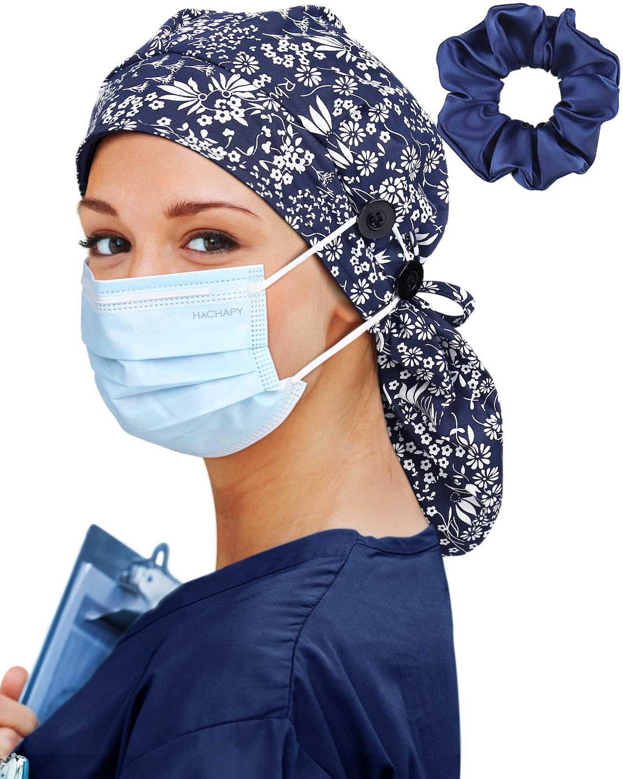 Satin Lined Scrub Cap for Women Extra Large Long Hair Surgical Nurse Cap 4 Buttons