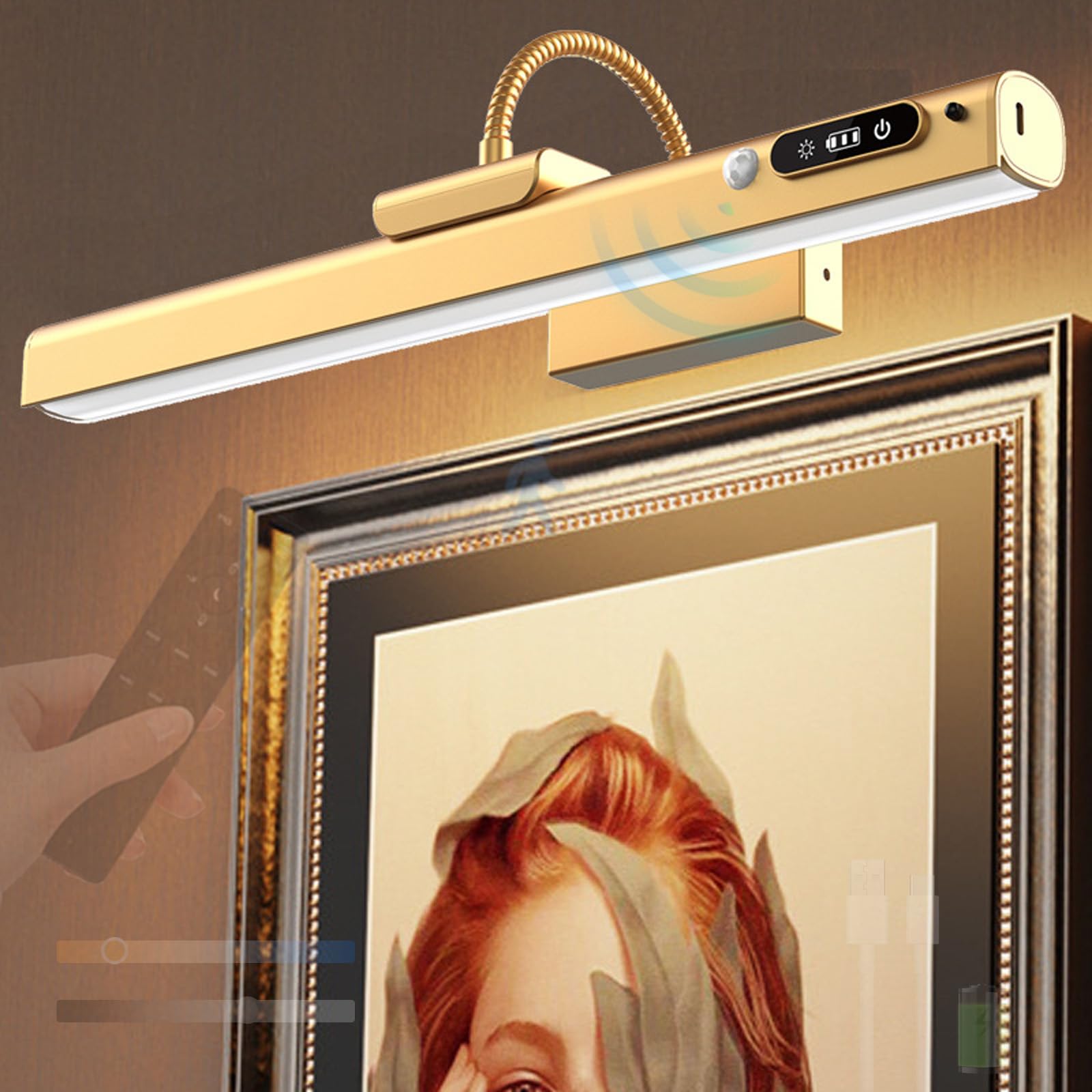 Batería LED Apliques de Pared con Sensor de Movimiento Lámpara de Pared con Mando Distancia Iluminación de Pared Control Táctil Regulable para Espejo Cuadros Dianas (Dorado)