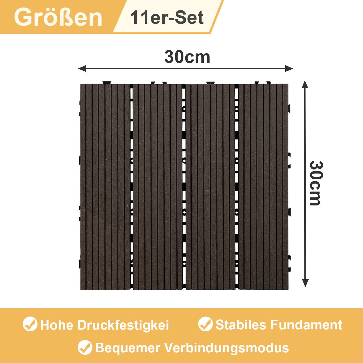 Baldosas para terraza de WPC, 30 x 30 cm, resistentes al agua y antideslizantes, juego de 22 para azulejos de balcón de 2 m², terraza con drenaje y sistema de clic, fácil de colocar, café