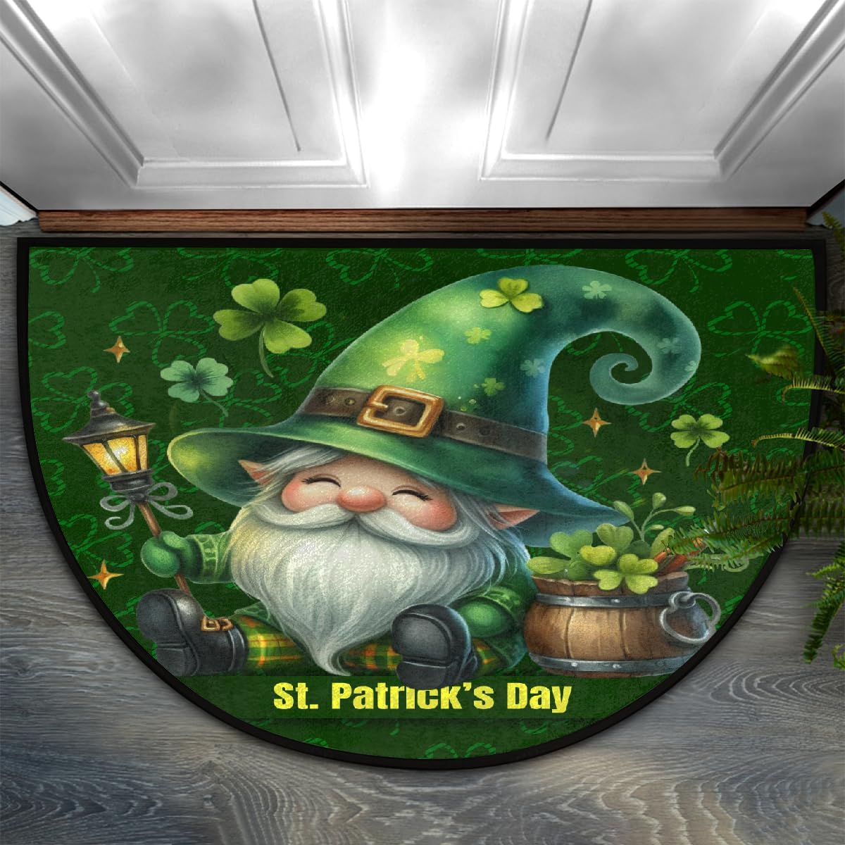 Half Round Doormat Gnome Happy St. Patrick's Day Washable Semi Circle Area Rug Non Slip Absorbent Half Moon Rug for Indoor Outdoor Bathroom Kitchen Patio Front Welcome Fireplace Hearth Floor Mat