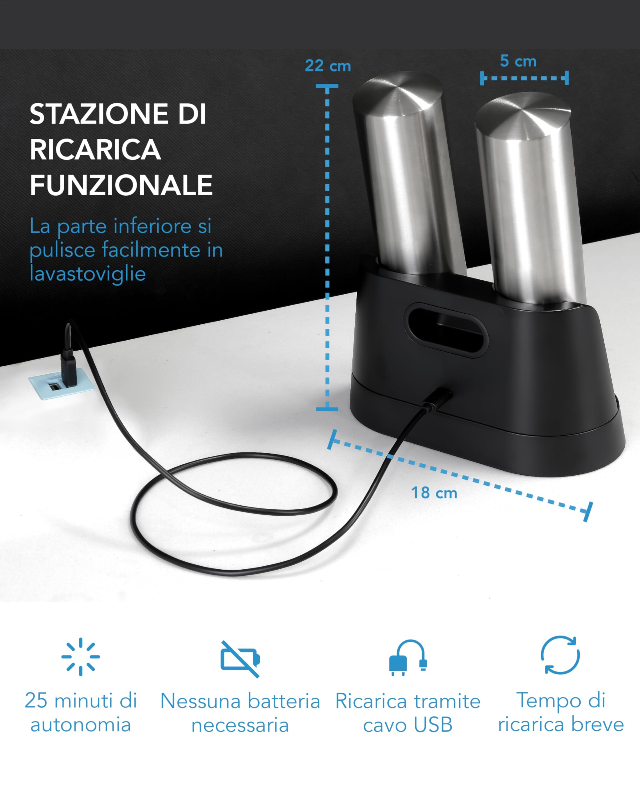 LEBENLANG Macina Pepe e Sale Elettrico - Acciaio Inox, Base Di Ricarica Verticale & LED I Macina Sale e Pepe Elettrico Ricaricabile I Macinino Spezie Set Grinder & Saliera Elettrica Porta Trita Macine