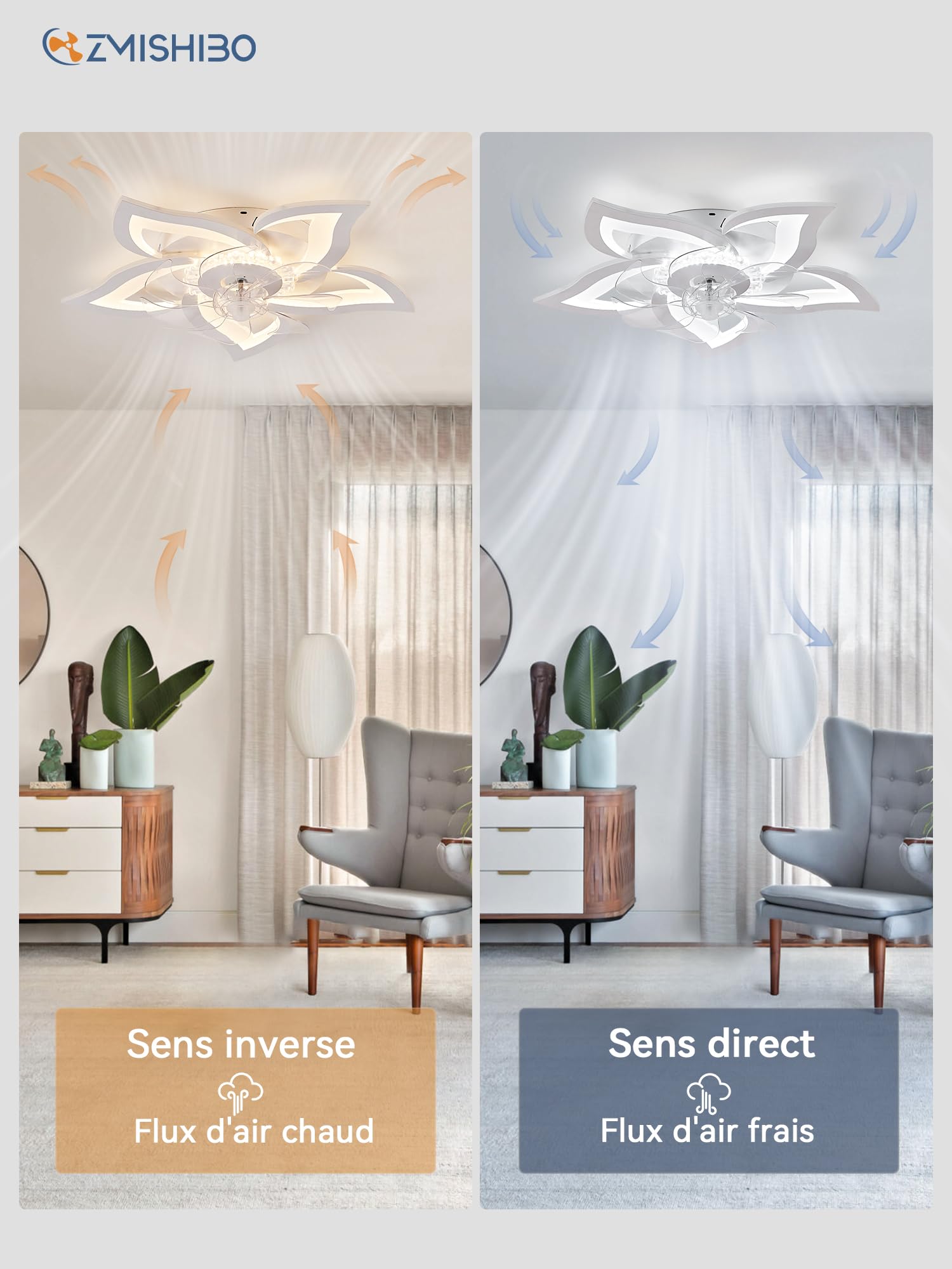 ZMISHIBO Lustre Ventilateur de Plafond Floral à 69cm, Moteur CC Inversible 6 Vitesses, LED Dimmable avec Lumière, Bluetooth APP, Lampe Ventilateur Silencieuse pour Chambre Cuisine Salle à Manger,Blanc