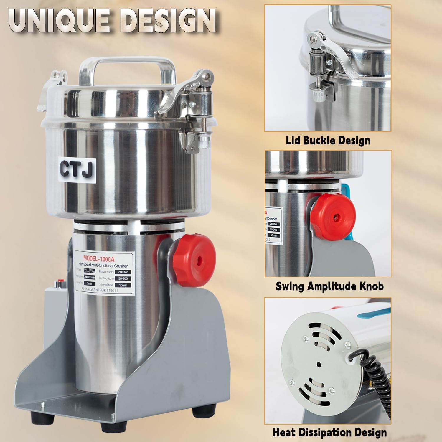 CTJ Grain Mill Grinder 1000g Electric Stainless Steel Flour Mills 2400W High-speed Spice Grinder Commercial Powder Machine for Dry Wheat, Spice, Herbs, Pepper, Coffee Bean
