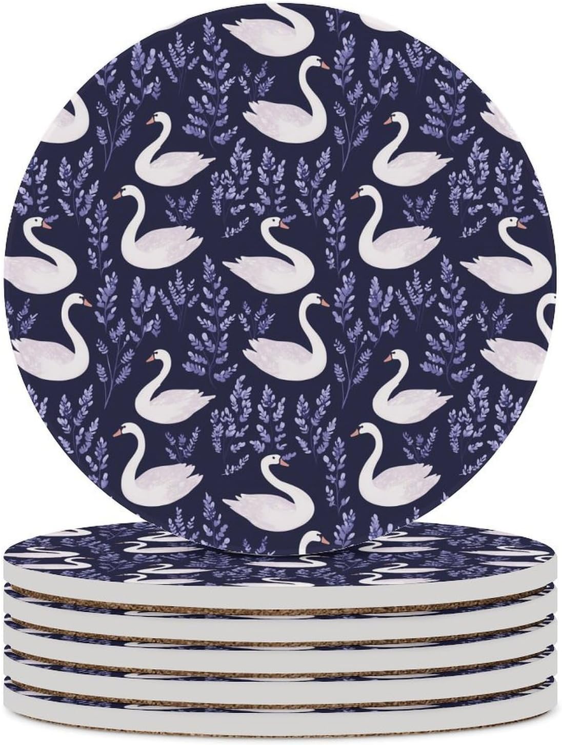 Swans Cute Pattern Round Ceramic Coasters Print Drinks Absorbent with Cork Base for Home Decor Gifts 4 Inch