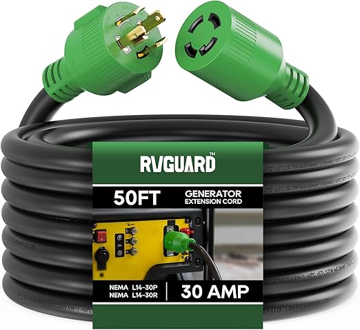 RVGUARD 4 Prong 30 Amp 50 Foot Generator Extension Cord, NEMA L14-30P/L14-30R, 125/250V Up to 7500W 10 Gauge SJTW Cord with Organizer, ETL Listed