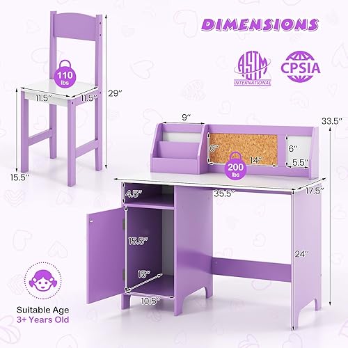 Miniatura 12 de Costzon Juego de escritorio y silla para niños, mesa de estudio de madera para niños con almacenamiento, gabinete, tablero de anuncios de corcho,