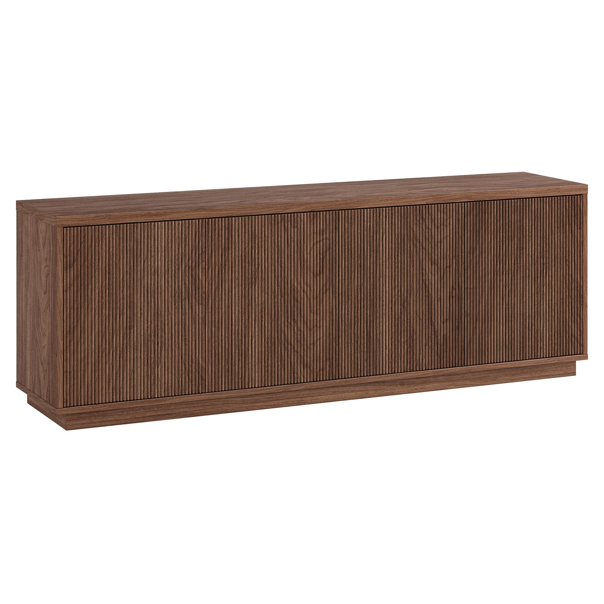 Condition photo showing New/Like New for henn&hart fluted tv stand for tvs up to 75" with 2 concealed ribbed storage cabinets and adjustable shelves for living room, family room, or office, medium walnut