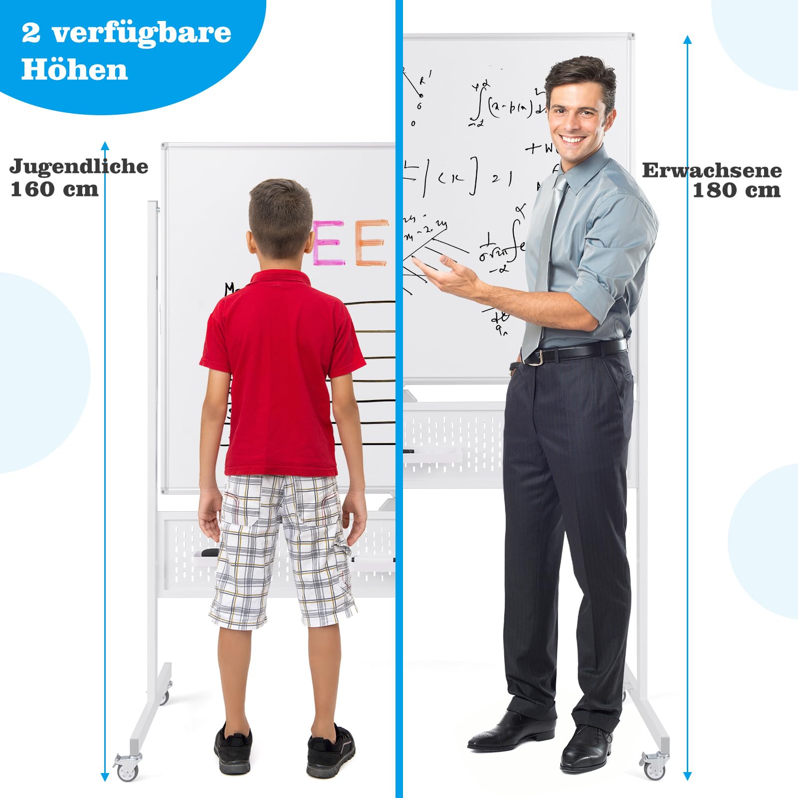 COSTWAY Doppelseitiges mobiles Whiteboard, 120 x 90 cm, Trocken abwischbares magnetisches Whiteboard mit Stecktafel, Rollen und Ständer, inkl. Zubehör für Büro, Zuhause, Weiß