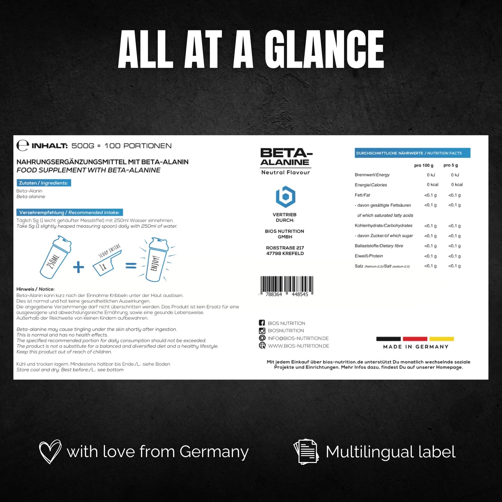 Bêta-alanine en poudre 500gr - +99% de pureté - goût neutre - vegan, hautement dosé, sans additifs - BIOS Nutrition (Fabriqué en Allemagne)