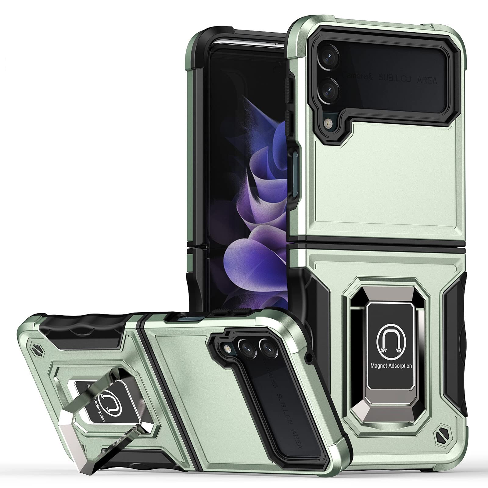 LTL Etui do Samsung Galaxy Z Flip 3 5G 2021, wytrzymałe, odporne na wstrząsy etui ochronne z wbudowanym pierścieniem obracanym o 360° stojak magnetyczne etui, zielone