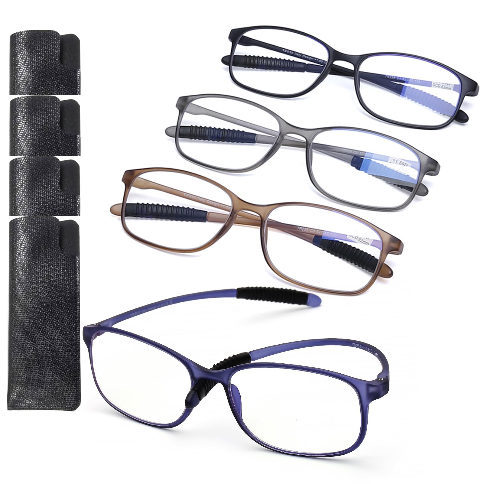 AQWANO 4 Pack Flexible Computer Reading Glasses Men Women Blue Light Blocking, Lightweight TR90 Frame Readers Glasses Anti Glare, 1.5