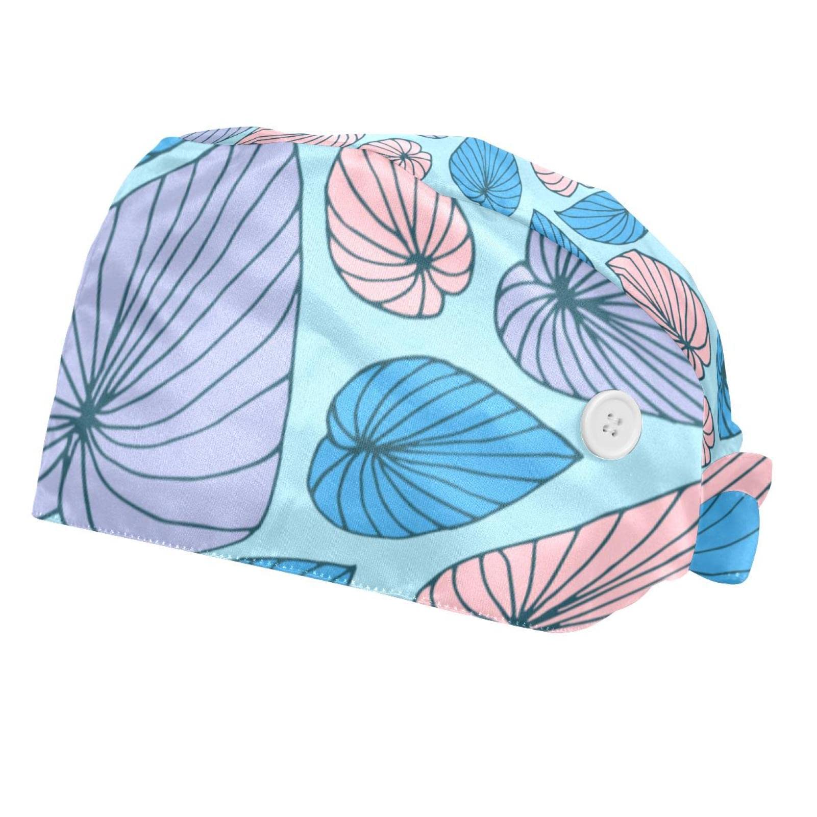 Pulongpoq2 Pcs Working Cap with Button Long Hair Sweatband Ponytail Holder Tie Back Nurse Hat, Blue Pink Leaves Pattern