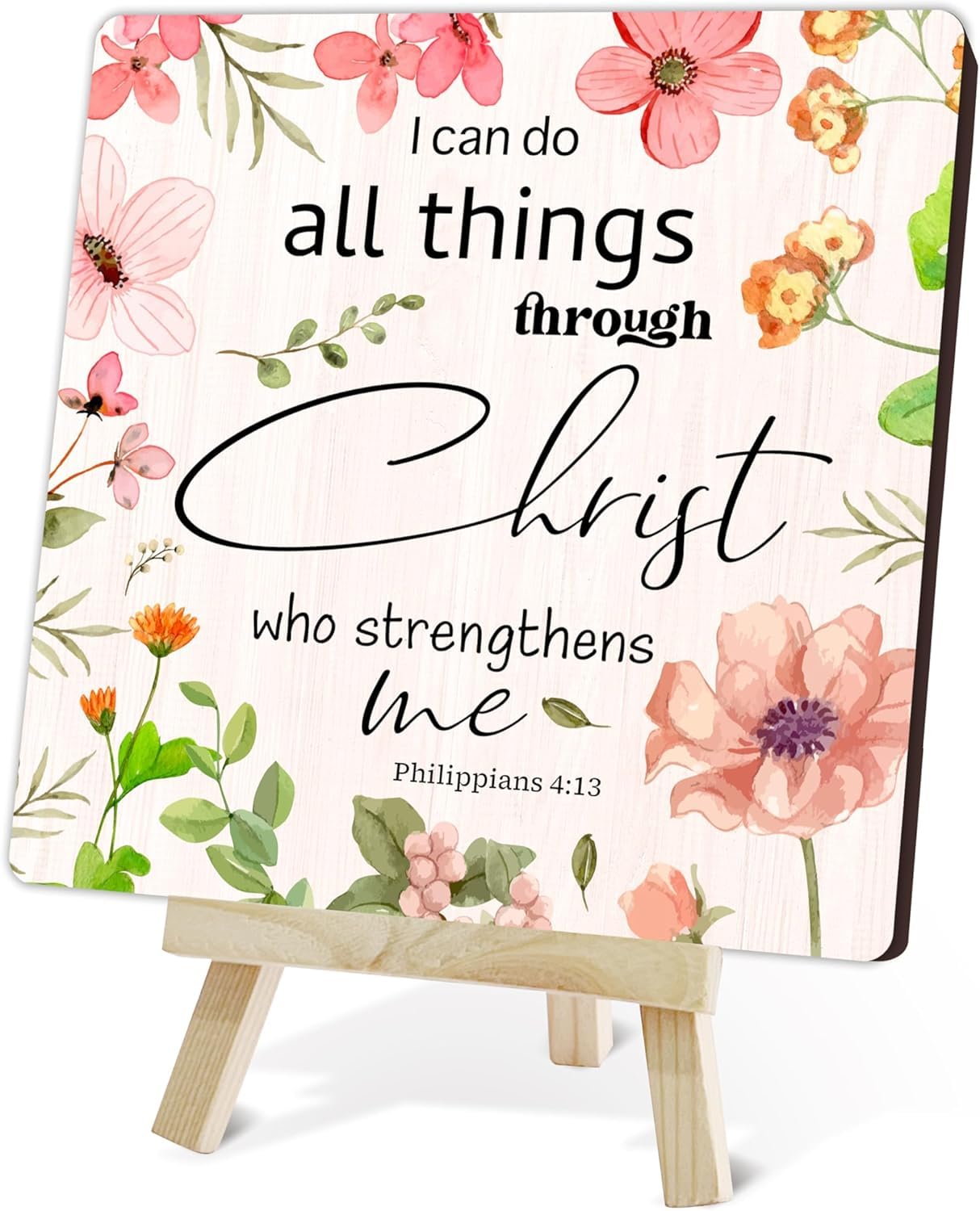 Sarvada Decor Christian Wood Sign, I Can Do All Things Through Christ Who Strengthens Me Bible Verse Gifts For Women, Floral Religious Plaque With Stand, Inspirational Christmas Gifts