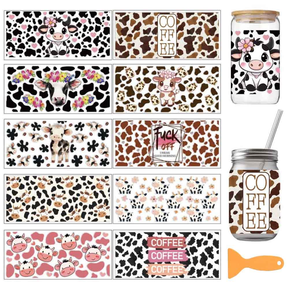 arricraft 10 Pcs Colorful Coffee Cow Theme Cup Printing UV Transfer Papers