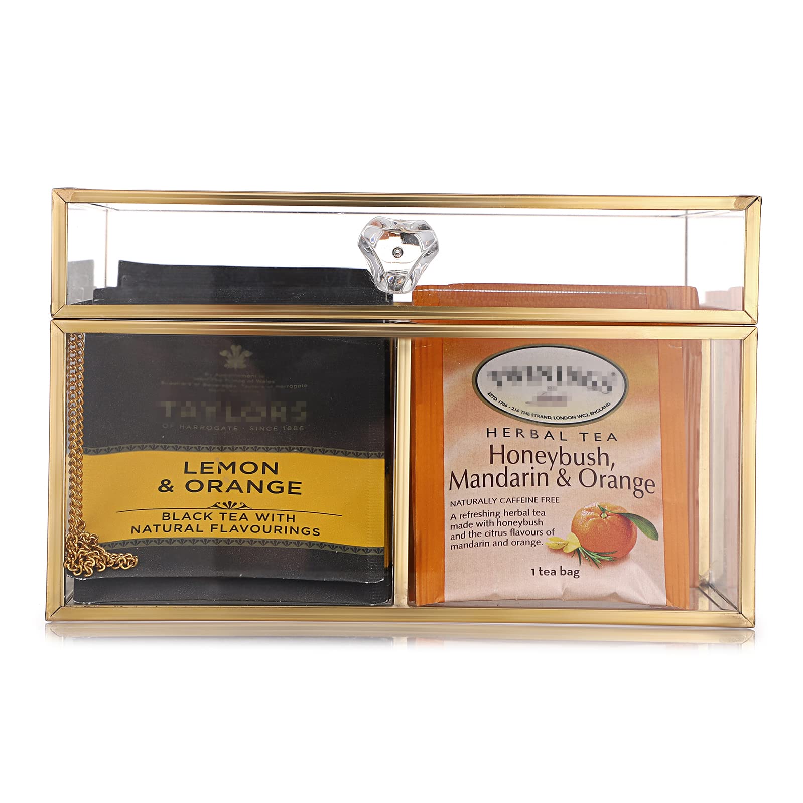 IGNPION Caja organizadora de bolsas de té de cristal, moderna caja de almacenamiento de té con 4 compartimentos, funda decorativa transparente para bolsas de té, soporte para bolsas de té para café
