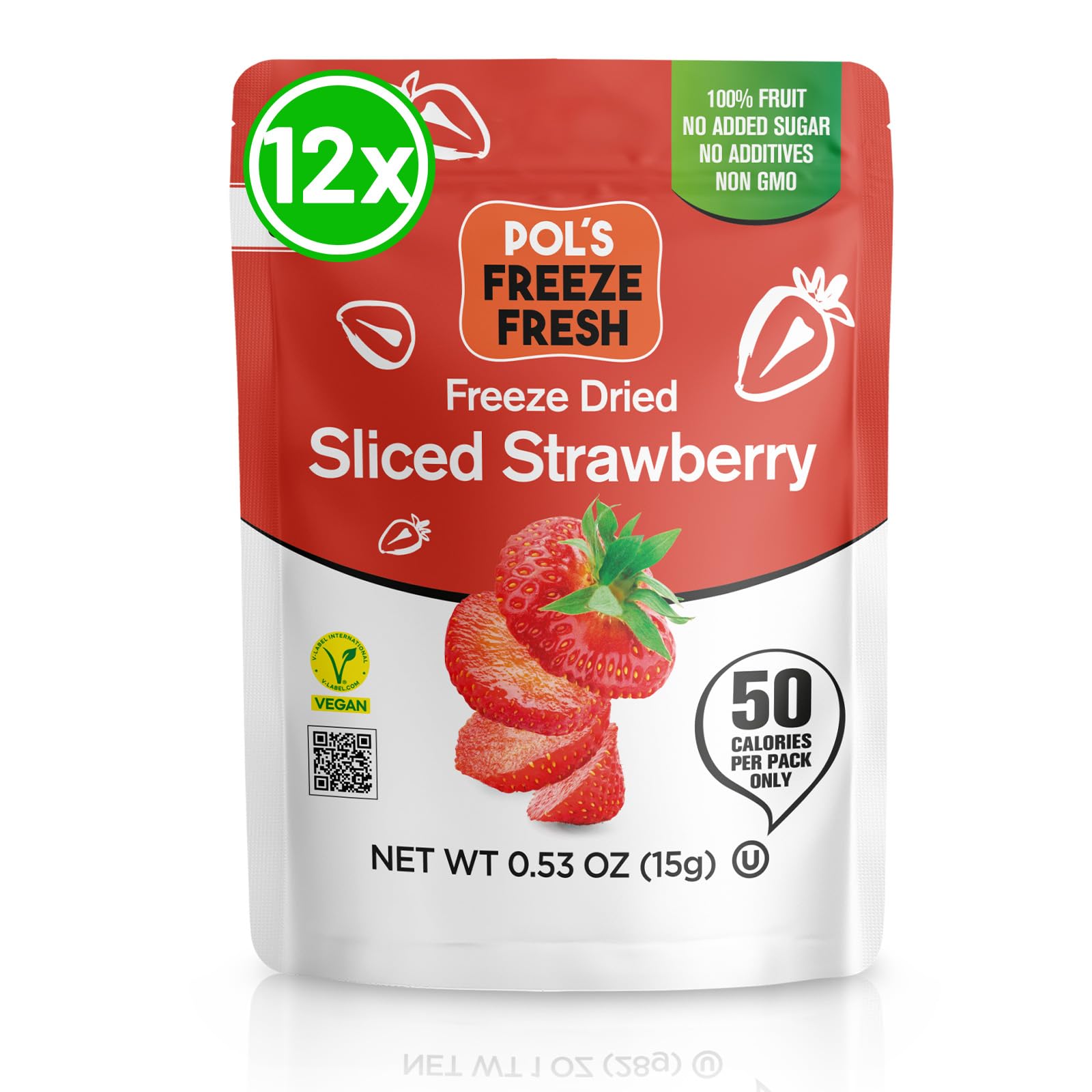 Pol’s Freeze Fresh - 12 Pack Sliced Freeze-Dried Strawberries (0.53 Oz Each), No Sugar, Non-GMO, Kosher, Vegan, Gluten-Free, Single-Serve Packs