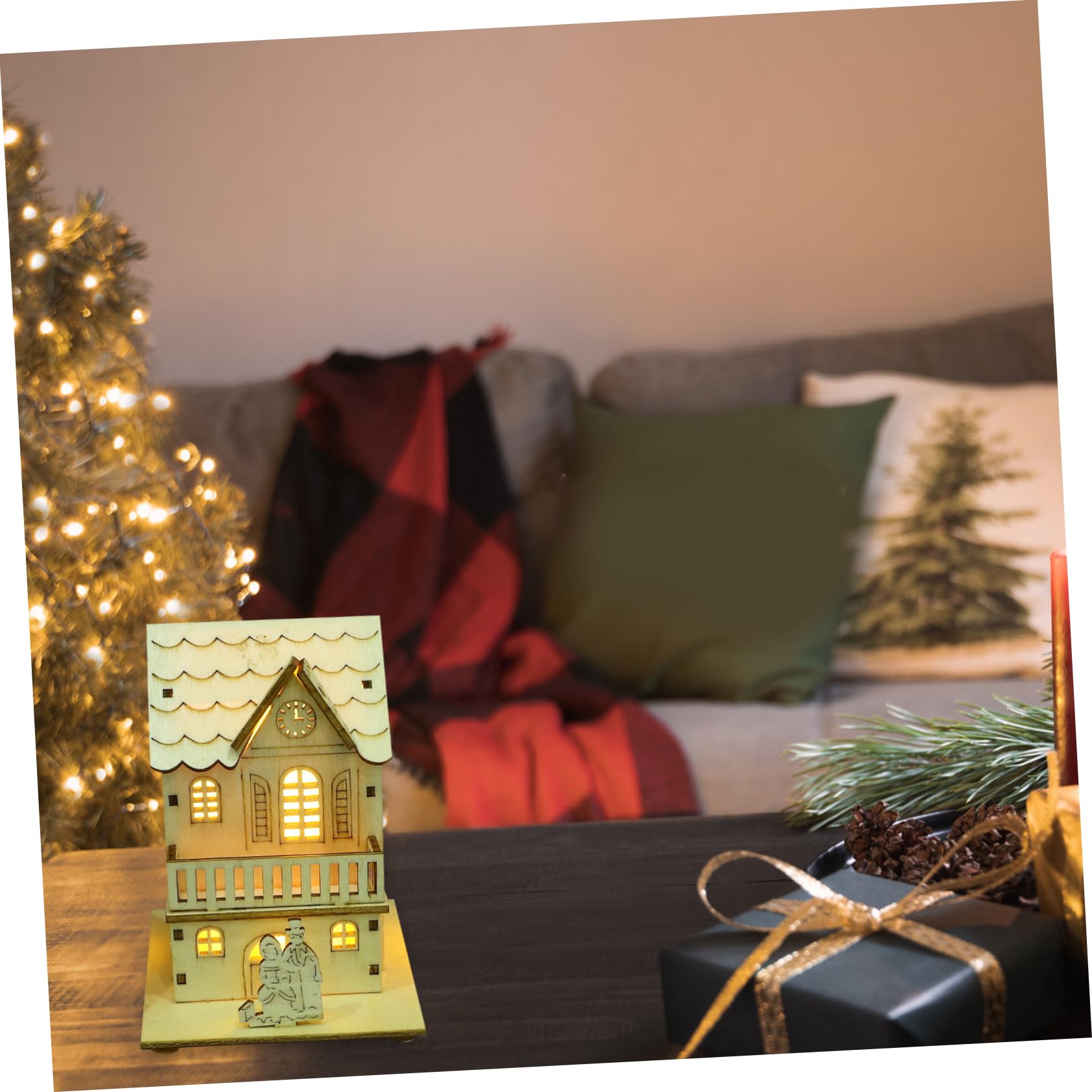 PartyKindom Ornamenti Natalizi in Legno Luminosi Per Decorazione Da Scrivania, Set 3 Pezzi Di Casette Natalizie in Legno Luce Led, Decorazioni Natalizie Per Casa, Bar e Feste