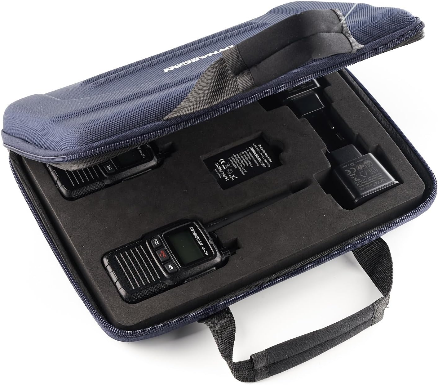 Open carrying case for the PNI Dynascan AD-09+ radios, showing two radio units, batteries, and chargers neatly organized within foam inserts.