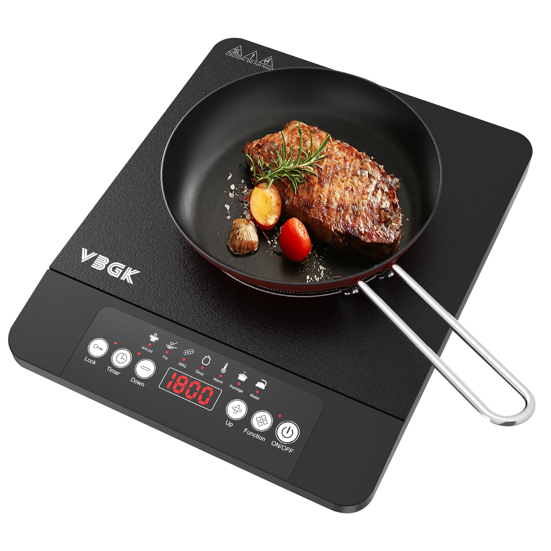 VBGK Induktionskochfeld 1 Platten,1800W Tragbares Induktionskochplatte, 220V Kochfelder mit LCD-Touch, 8 Temperaturstufen, Kindersicherung,4-Stunden-Timer