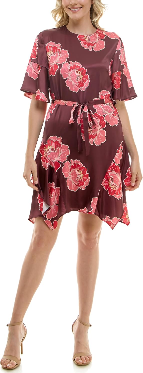 Nicole Miller New York Women's Round Neck Handkerchief Hem Short Dress