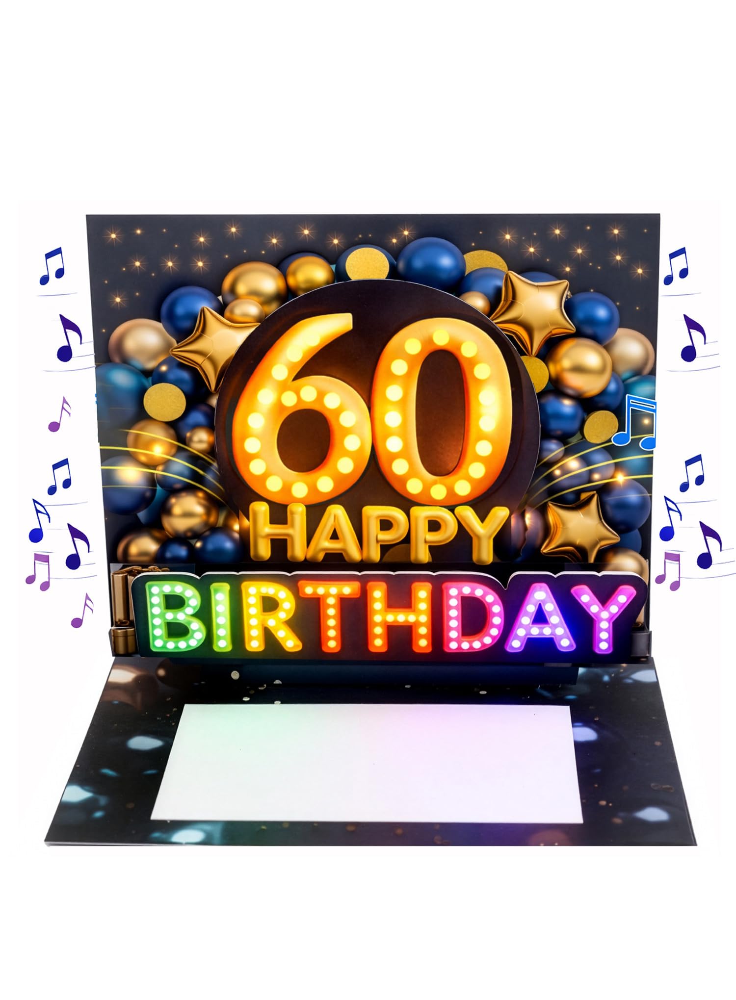 Joli Coon Geburtstagskarte 60 mit Musik und Licht - 3D Pop up Geburtstagskarte 60. Geburtstag Mann mit Leuchteffekt, Kuvert und Siegelsticker - 20 x 15 cm
