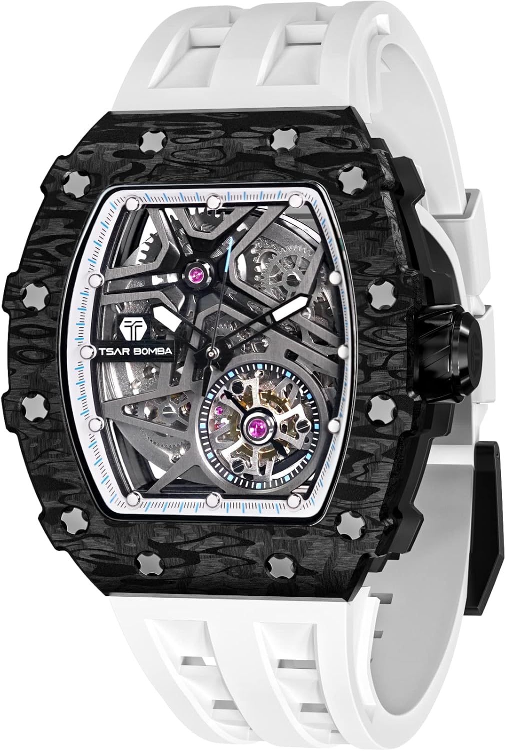 TSAR BOMBA Men's Automatic Watch Mechanical Tonneau Luxury Skeleton Watches for Men 50M Waterproof Analogue Work Mens Wrist Watch Unique Cool Design Square Silver Big Face Wristwatch Silicone Strap