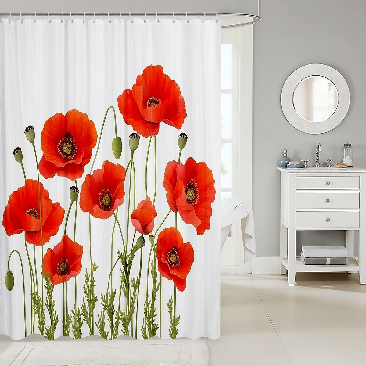 Feelyou Poppy Floral Shower Curtain for Girls Women Red Flower Pattern Bath Curtain Chic Botanical Print Bathroom Shower Curtain Set Bathtubs Decor Stalls Waterproof Curtain 72"x78"