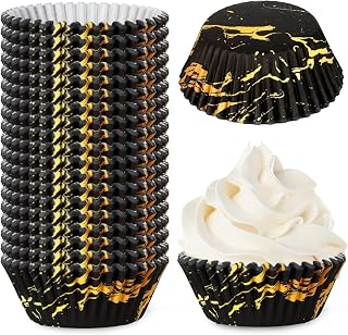JarThenaAMCS 600Pcs Black Gold Marble Cupcake Liners Marbling Cupcake Wrappers Paper Disposable Decorative Muffin Brownie Cups for Baking Party Supplies