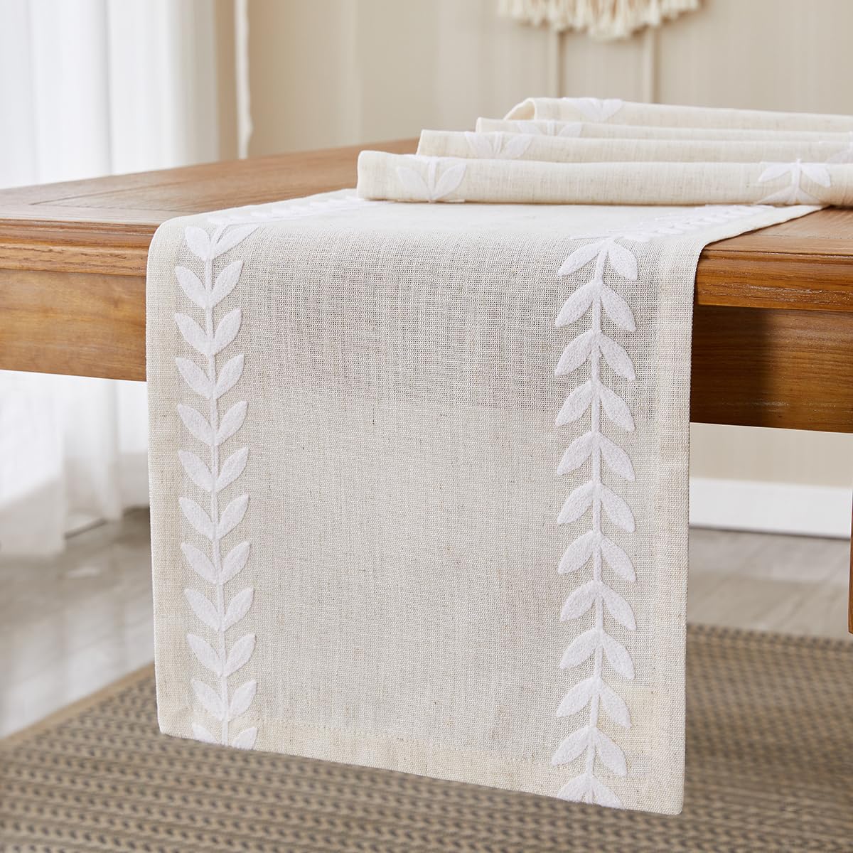 Rustic Style Embroidered Table Runner, 13x72 Inch Irregular Willow Leaf Table Runners 72 Inches Long for Dresser Decor Farmhouse Table Decor, 13x72 Inche, White