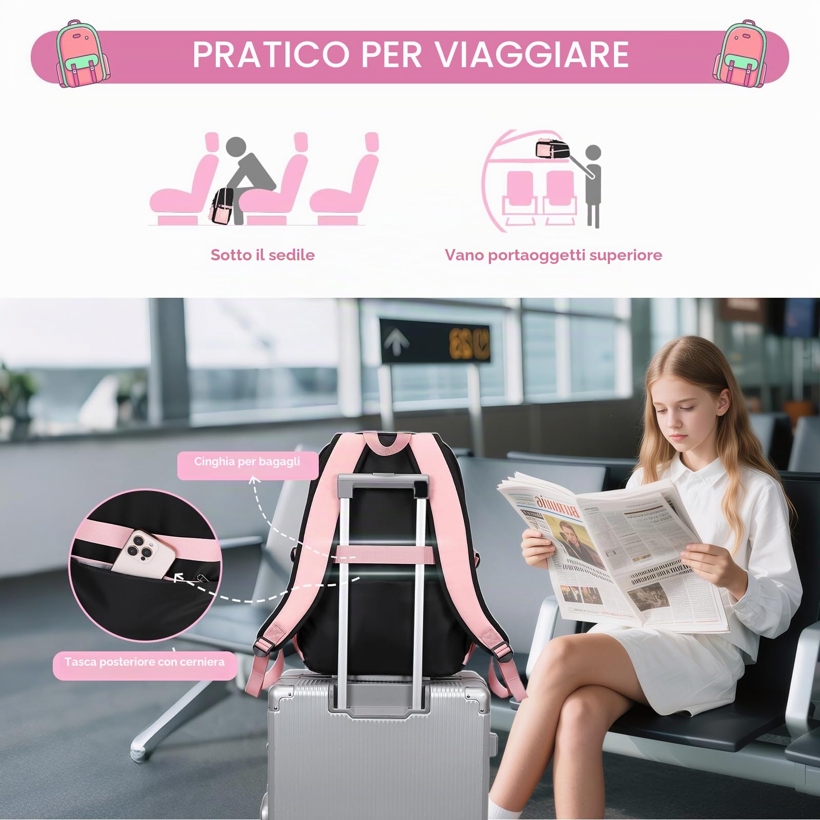 Tanou Zaino per Ragazze 3 Pezzi per la Scuola Elementare e Media