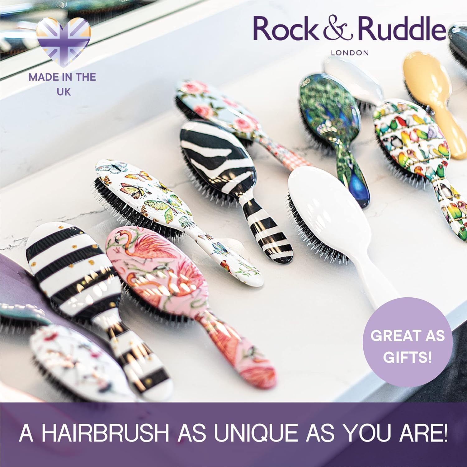Rock & Ruddle Spazzola per capelli con setole di cinghiale naturali, per donne e bambini (misura piccola/da viaggio, 17,5 cm), ideale per capelli bagnati e asciutti, districanti e liscianti,