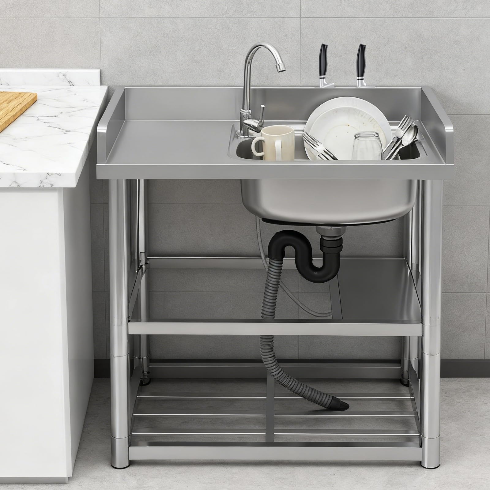 80x50 cm Lavello in acciaio inossidabile Lavandino Indipendente,Lavandino Esterno Con Rubinetto rotazione a 360°,lavello da ristorante commerciale,per Esterni, Interni
