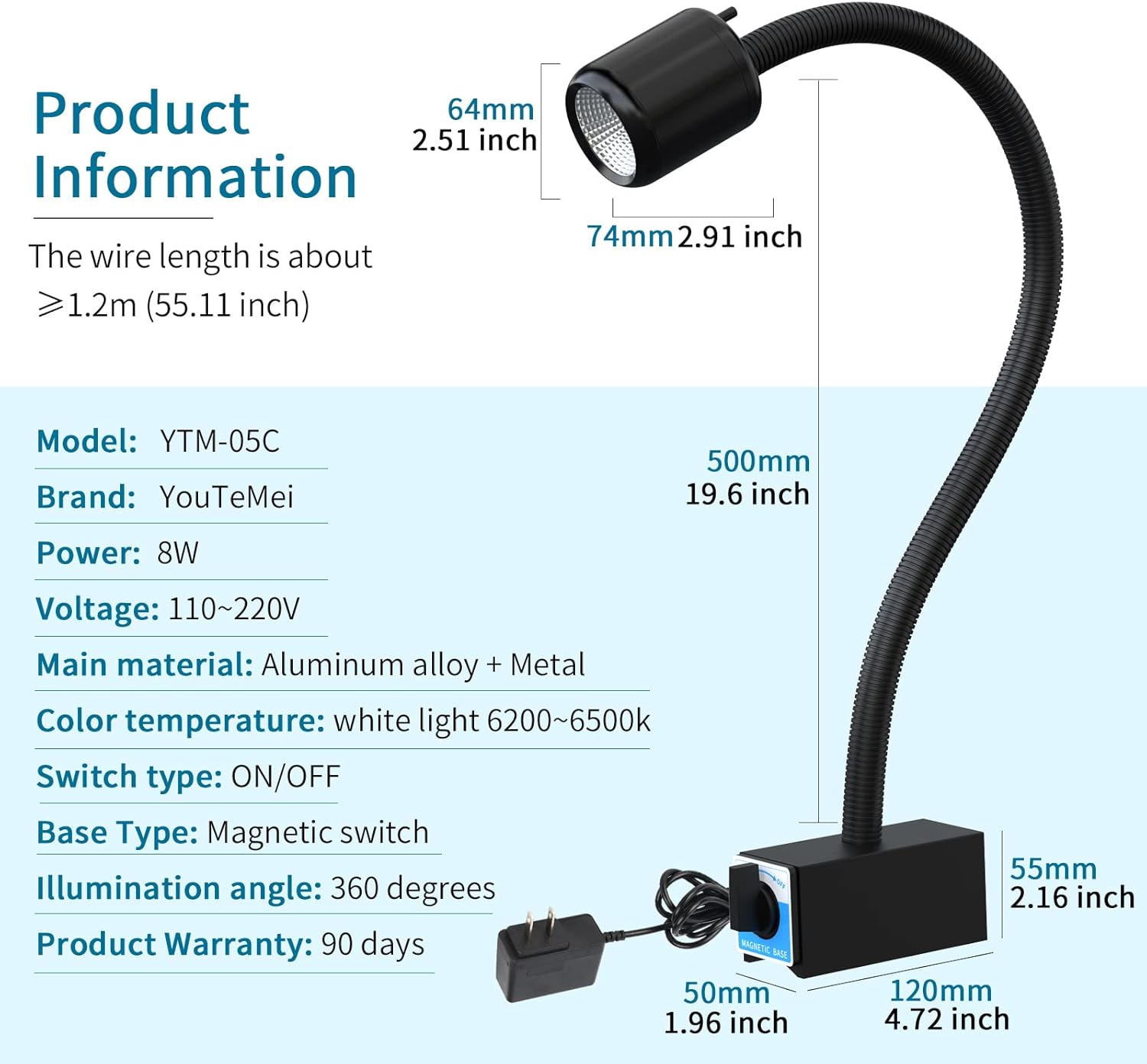 Magnetic Machine Work Light, IP65 Water Proof Flexible Gooseneck Lamp 1000 Lumens 110V for Lathe Milling Drill Press Industrial Lighting…